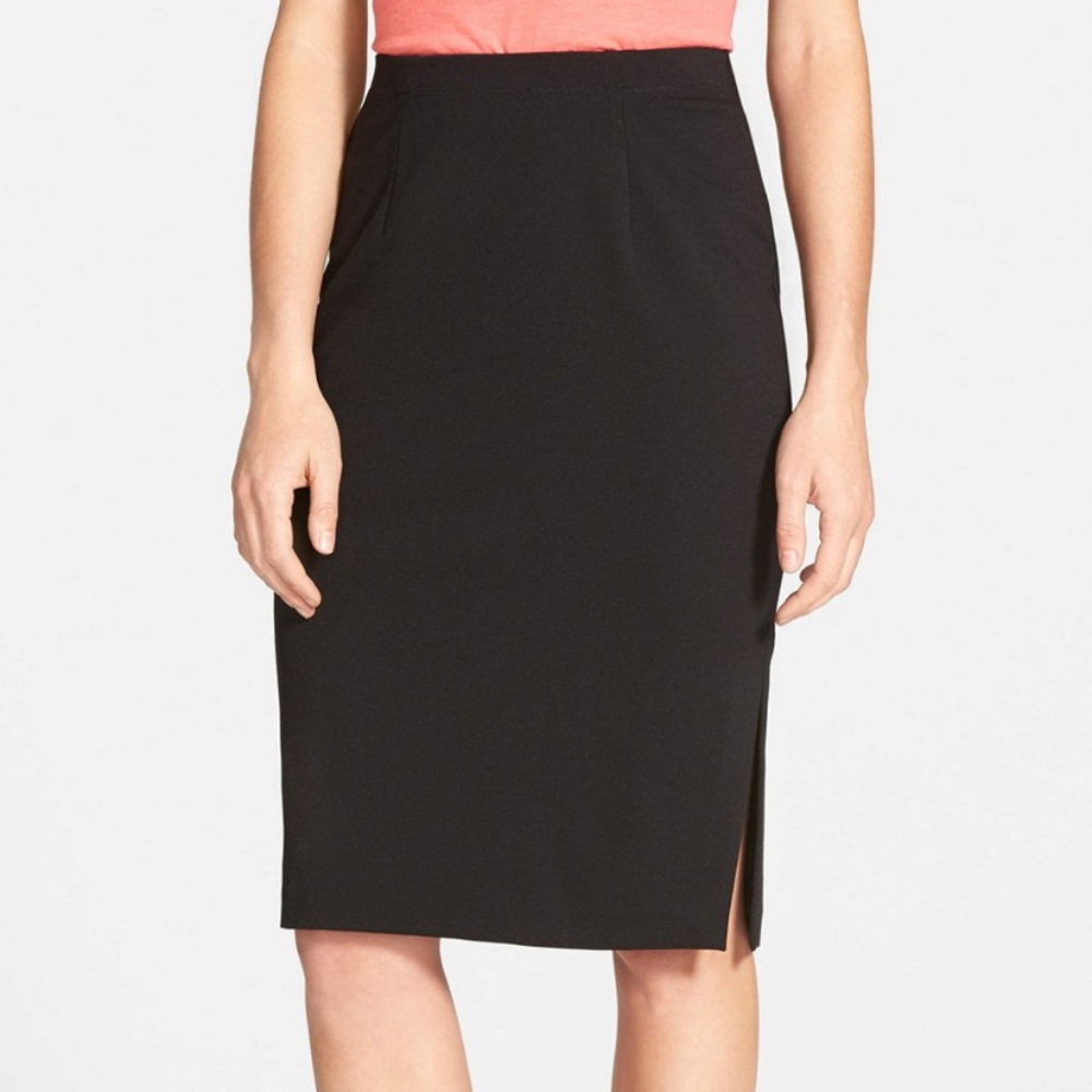 Eileen Fisher Black Tencel Ponte Knit Pencil Straight 1-Side Slit  Skirt Size XS